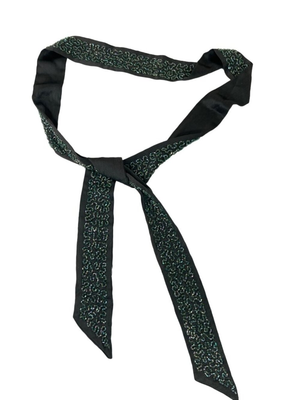 Handcrafted Black & Green Beaded Silk Scarf A535
